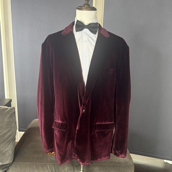 Men’s Burgundy Velvet Formal Jacket Blazer One Button Notched Lapel Size 2XL NWT - Picture 1 of 11